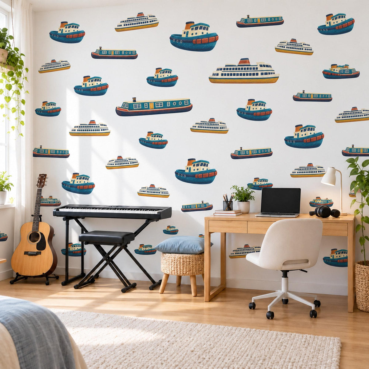 Boat Wall Stickers, Tugboat Ferry Boys Room Decor, Nautical Ship Wall Decals, Kids Bedroom Teal Mustard Rust Harbour Peel and Stick Art
