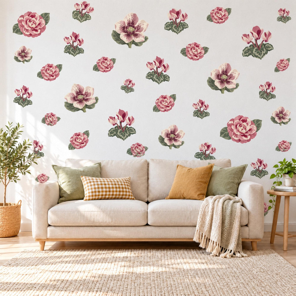 Flower Wall Stickers, Camellia Hellebore Floral Decor, Winter Bloom Wall Decals, Girls Nursery Rose Pink Cream Green Peel and Stick Wall Art