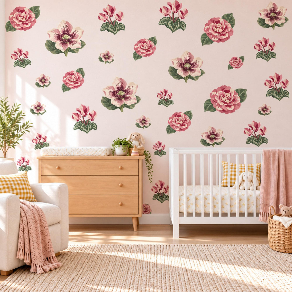 Flower Wall Stickers, Camellia Hellebore Floral Decor, Winter Bloom Wall Decals, Girls Nursery Rose Pink Cream Green Peel and Stick Wall Art