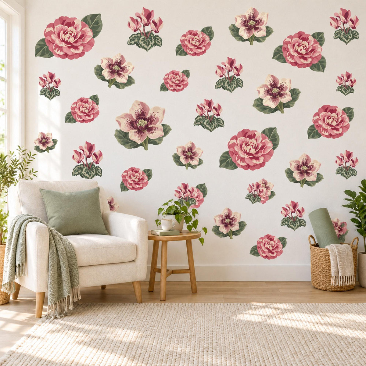 Flower Wall Stickers, Camellia Hellebore Floral Decor, Winter Bloom Wall Decals, Girls Nursery Rose Pink Cream Green Peel and Stick Wall Art