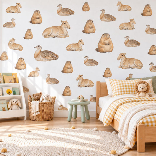 Wildlife Wall Stickers, Marmot Fawn Partridge Nursery Decor, Vintage Animal Wall Decals, Neutral Kids Room Tan Brown Peel and Stick Wall Art