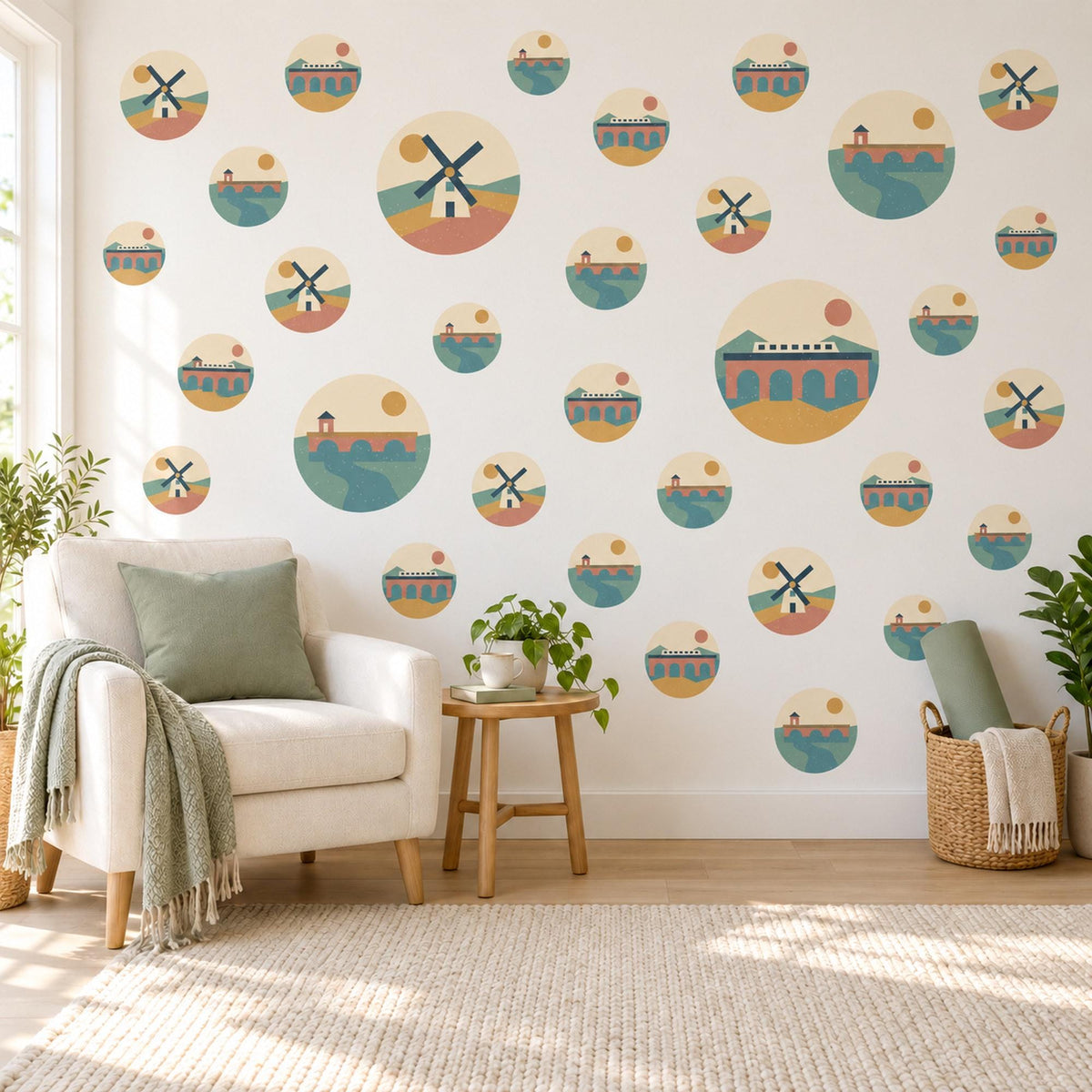 Windmill Wall Stickers, Teal Terracotta Mustard Landscape Decor, Countryside Circle Wall Decals, Boho Kids Room Peel and Stick Wall Art