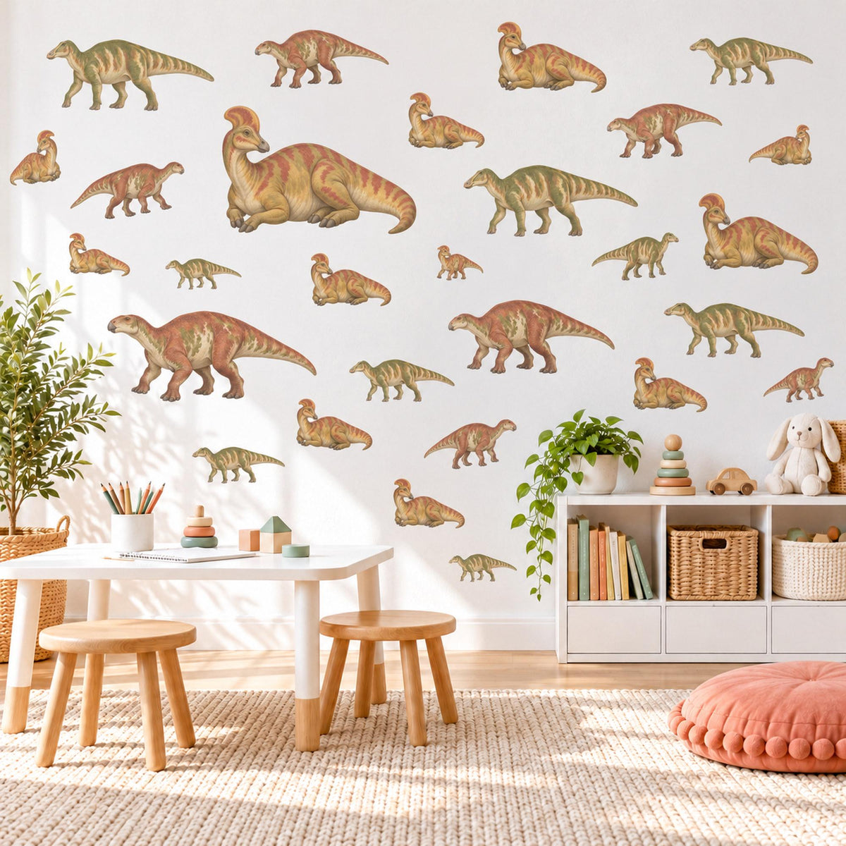 Dinosaur Wall Stickers, Olive Rust Duckbill Dino Nursery Decor, Vintage Dinosaur Wall Decals, Boys Kids Room Green Peel and Stick Wall Art