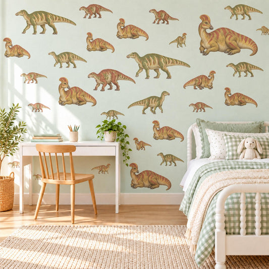 Dinosaur Wall Stickers, Olive Rust Duckbill Dino Nursery Decor, Vintage Dinosaur Wall Decals, Boys Kids Room Green Peel and Stick Wall Art