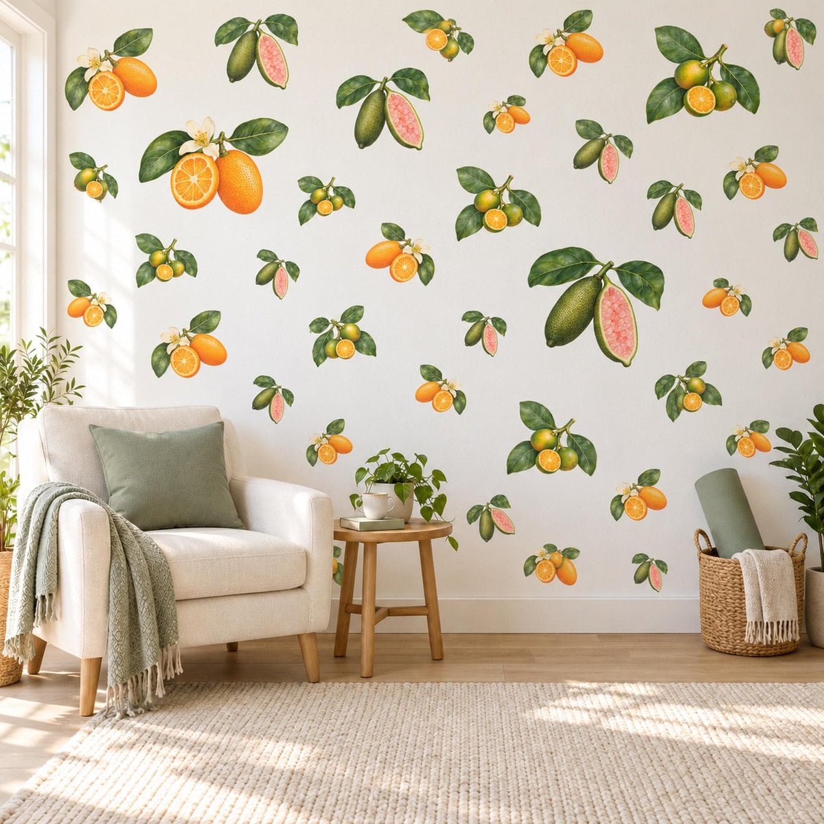 Citrus Wall Stickers, Orange Guava Fruit Decor, Botanical Kitchen Wall Decals, Orange Blossom Green Leaf Nursery Peel and Stick Wall Art