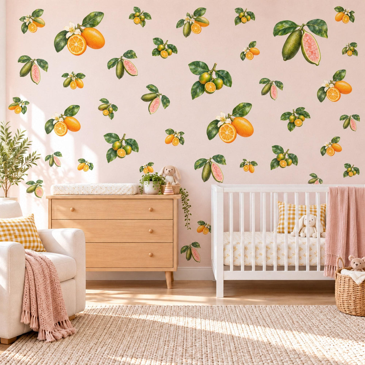 Citrus Wall Stickers, Orange Guava Fruit Decor, Botanical Kitchen Wall Decals, Orange Blossom Green Leaf Nursery Peel and Stick Wall Art