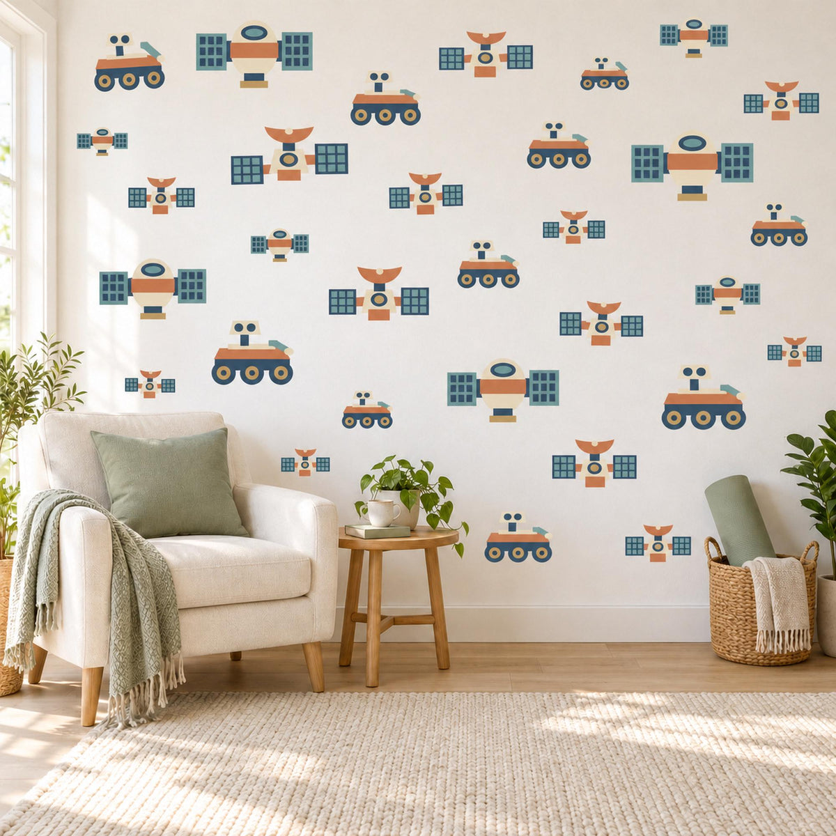 Space Wall Stickers, Navy Rust Satellite Rover Decor, Retro Space Explorer Wall Decals, Boys Kids Room Nursery Peel and Stick Wall Art