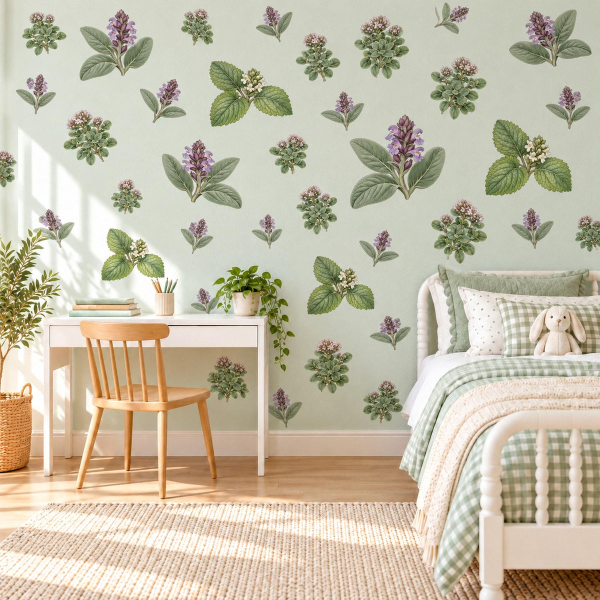 Herb Wall Stickers, Sage Green Botanical Kitchen Decor, Lavender Herb Sprig Wall Decals, Purple Flower Leaf Nursery Peel and Stick Wall Art