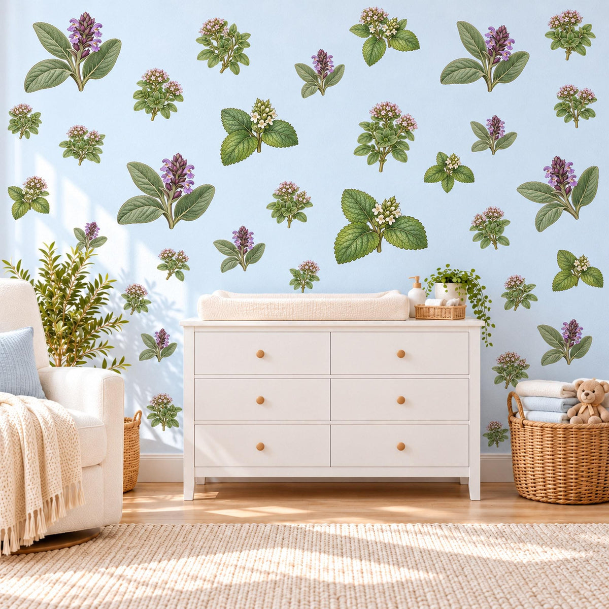 Herb Wall Stickers, Sage Green Botanical Kitchen Decor, Lavender Herb Sprig Wall Decals, Purple Flower Leaf Nursery Peel and Stick Wall Art