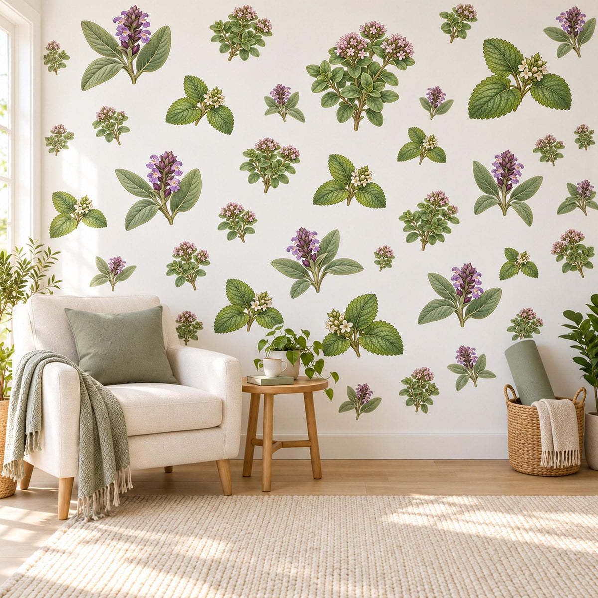 Herb Wall Stickers, Sage Green Botanical Kitchen Decor, Lavender Herb Sprig Wall Decals, Purple Flower Leaf Nursery Peel and Stick Wall Art