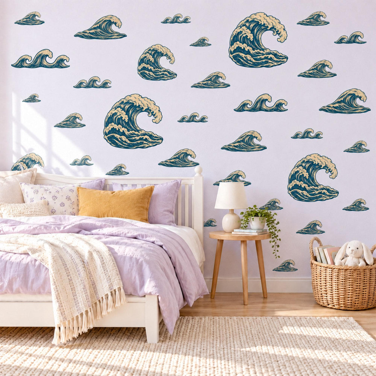 Wave Wall Stickers, Navy Cream Ocean Wave Decor, Japanese Style Great Wave Wall Decals, Boys Nautical Kids Room Peel and Stick Wall Art