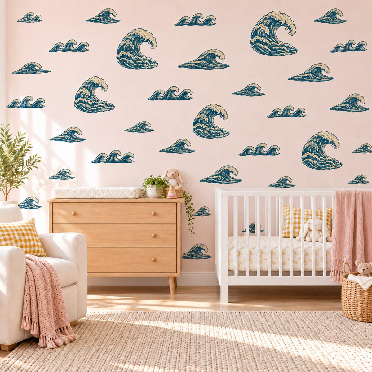 Wave Wall Stickers, Navy Cream Ocean Wave Decor, Japanese Style Great Wave Wall Decals, Boys Nautical Kids Room Peel and Stick Wall Art