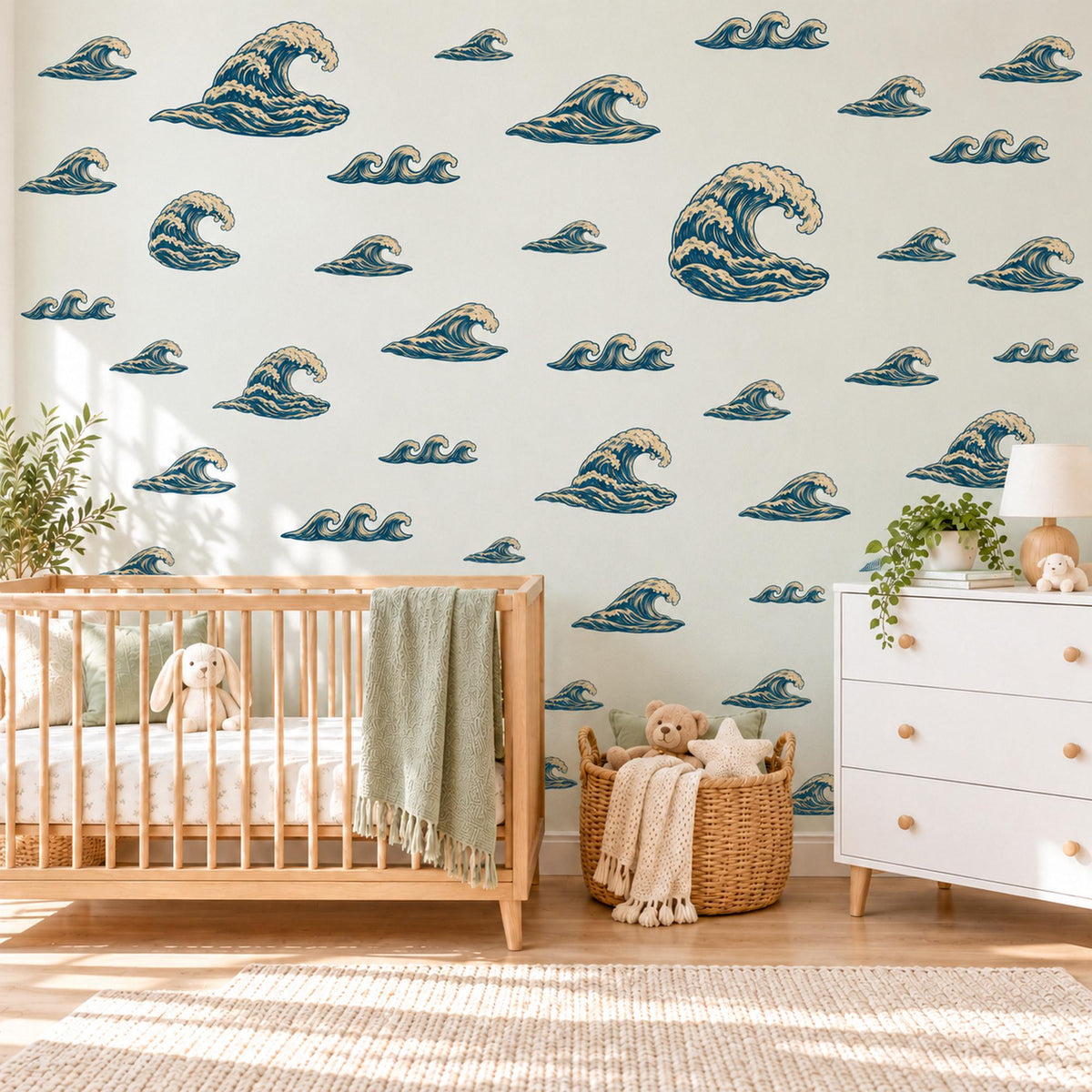 Wave Wall Stickers, Navy Cream Ocean Wave Decor, Japanese Style Great Wave Wall Decals, Boys Nautical Kids Room Peel and Stick Wall Art