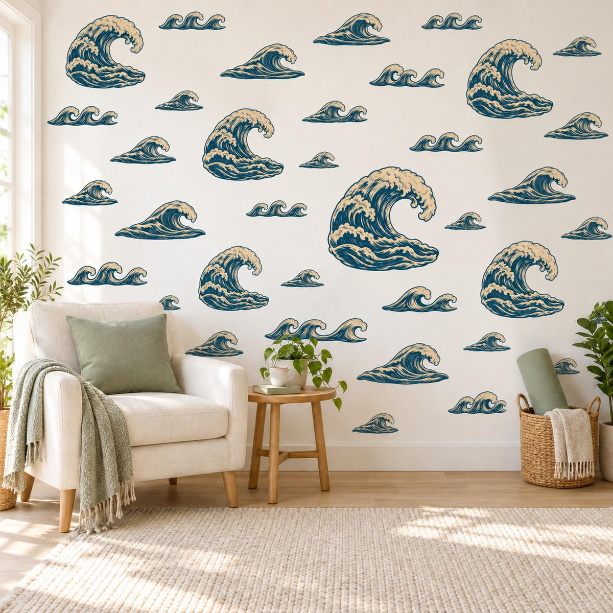 Wave Wall Stickers, Navy Cream Ocean Wave Decor, Japanese Style Great Wave Wall Decals, Boys Nautical Kids Room Peel and Stick Wall Art