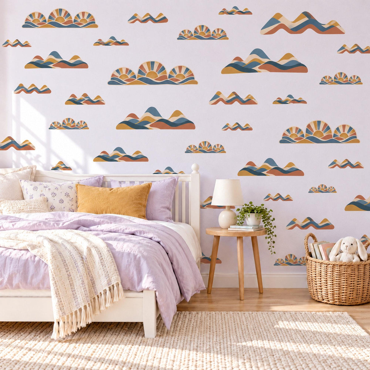 Rainbow Hills Wall Stickers, Rust Navy Mustard Boho Decor, Retro Sunset Mountain Wall Decals, Kids Room Nursery Peel and Stick Wall Art