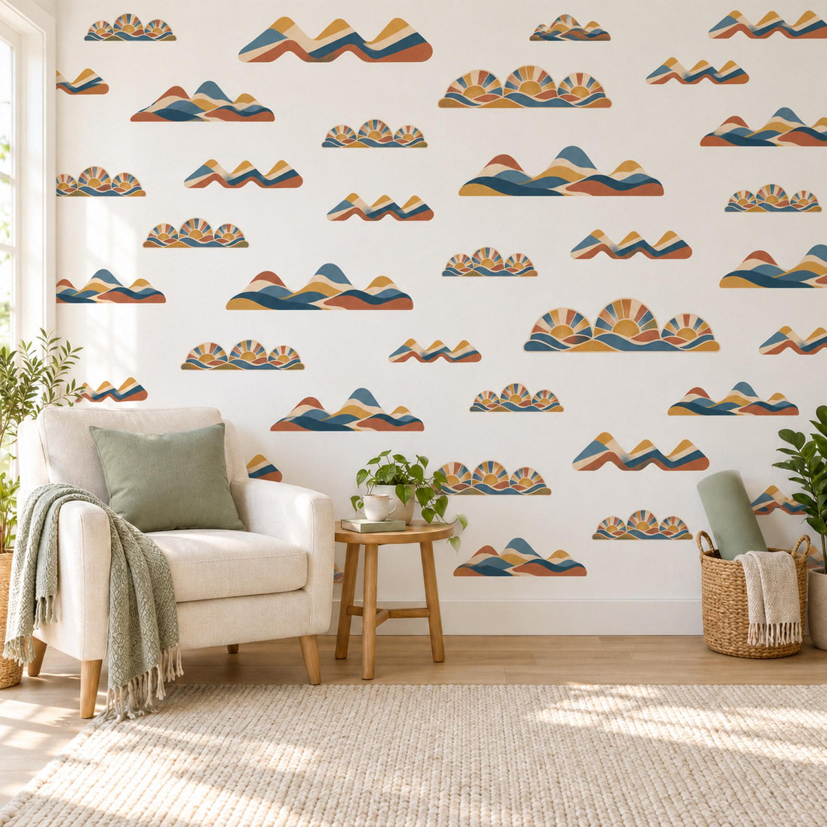 Rainbow Hills Wall Stickers, Rust Navy Mustard Boho Decor, Retro Sunset Mountain Wall Decals, Kids Room Nursery Peel and Stick Wall Art