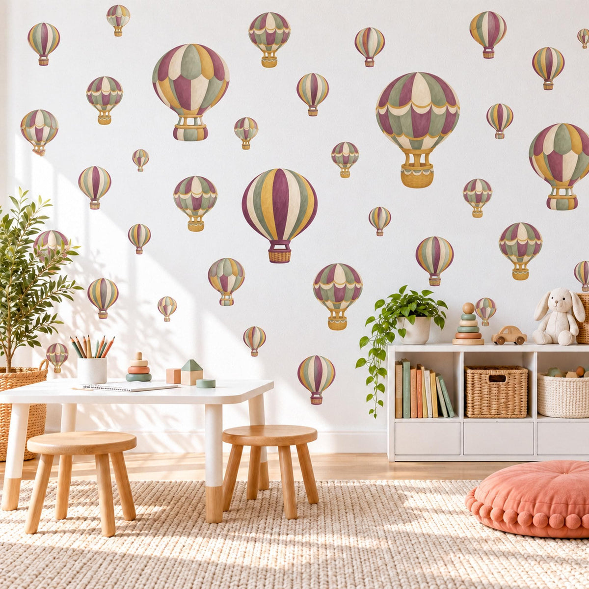 Hot Air Balloon Wall Stickers, Plum Sage Mustard Nursery Decor, Vintage Balloon Wall Decals, Travel Kids Room Peel and Stick Wall Art