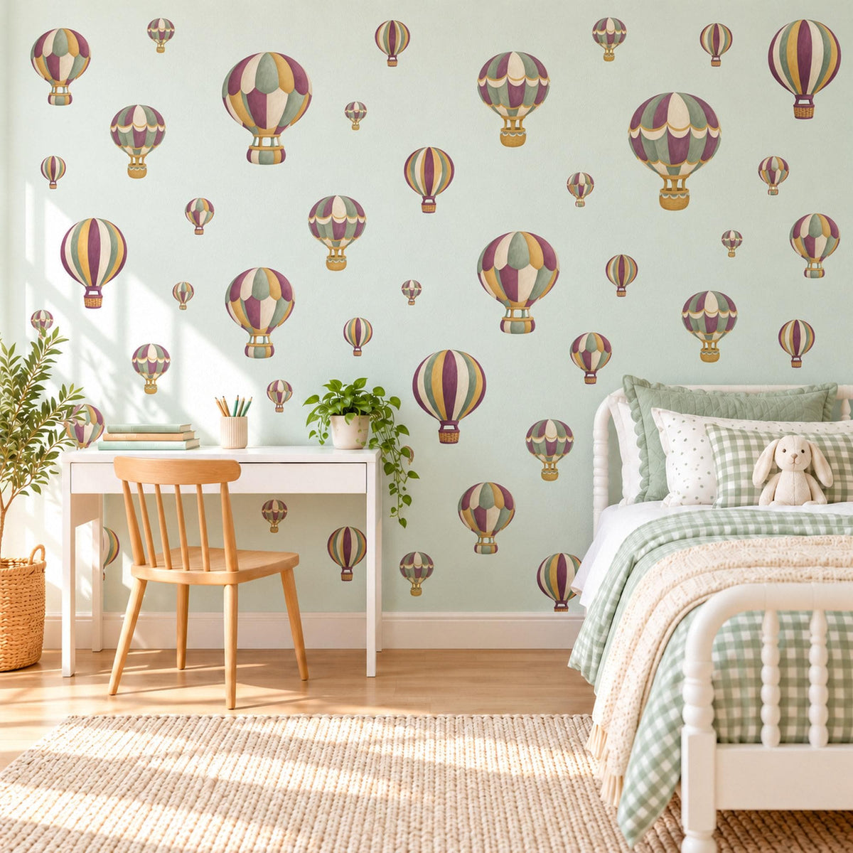 Hot Air Balloon Wall Stickers, Plum Sage Mustard Nursery Decor, Vintage Balloon Wall Decals, Travel Kids Room Peel and Stick Wall Art