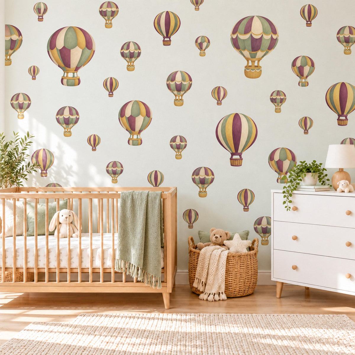 Hot Air Balloon Wall Stickers, Plum Sage Mustard Nursery Decor, Vintage Balloon Wall Decals, Travel Kids Room Peel and Stick Wall Art