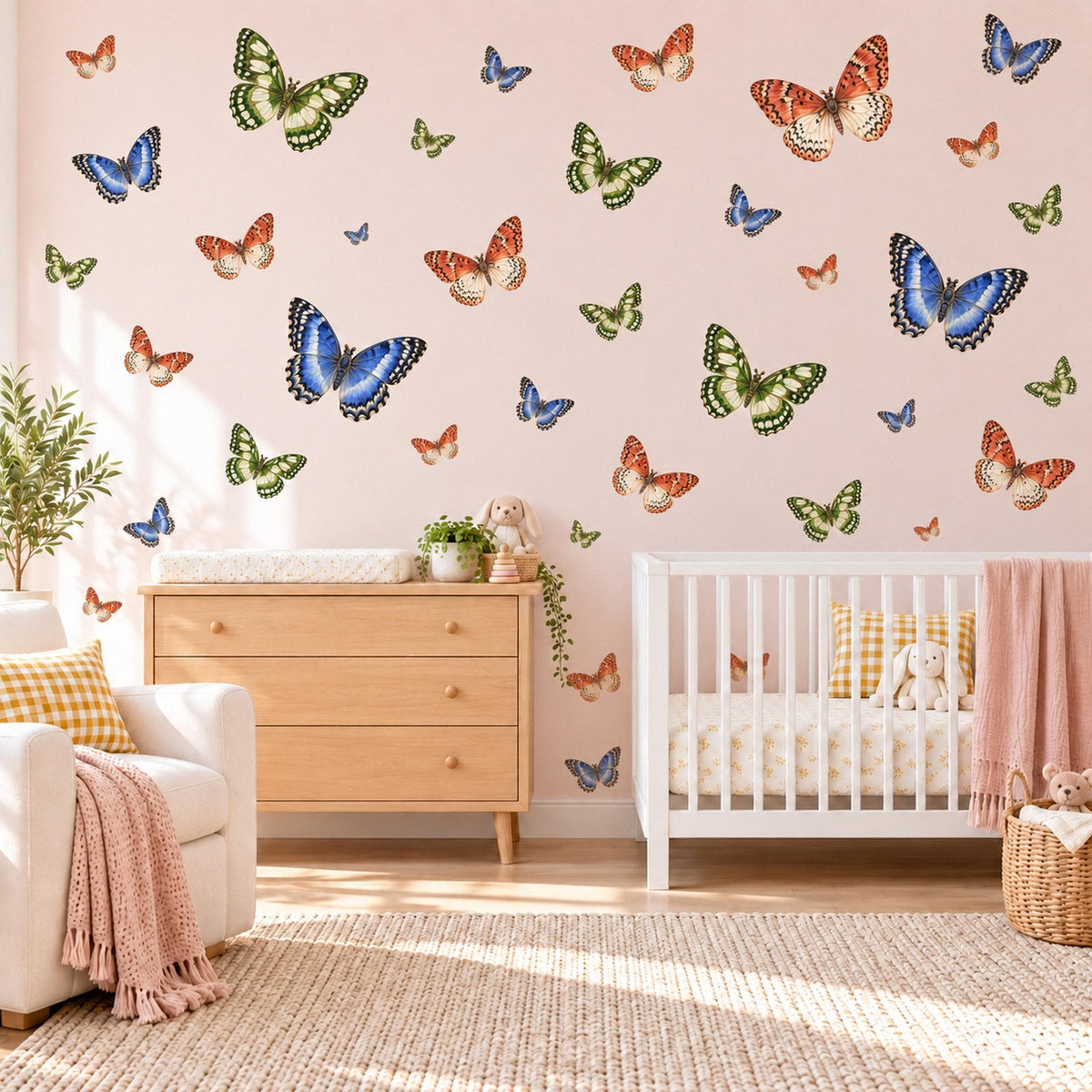 Butterfly Wall Stickers, Green Blue Orange Butterfly Decor, Tropical Butterfly Wall Decals, Girls Kids Room Nursery Peel and Stick Wall Art