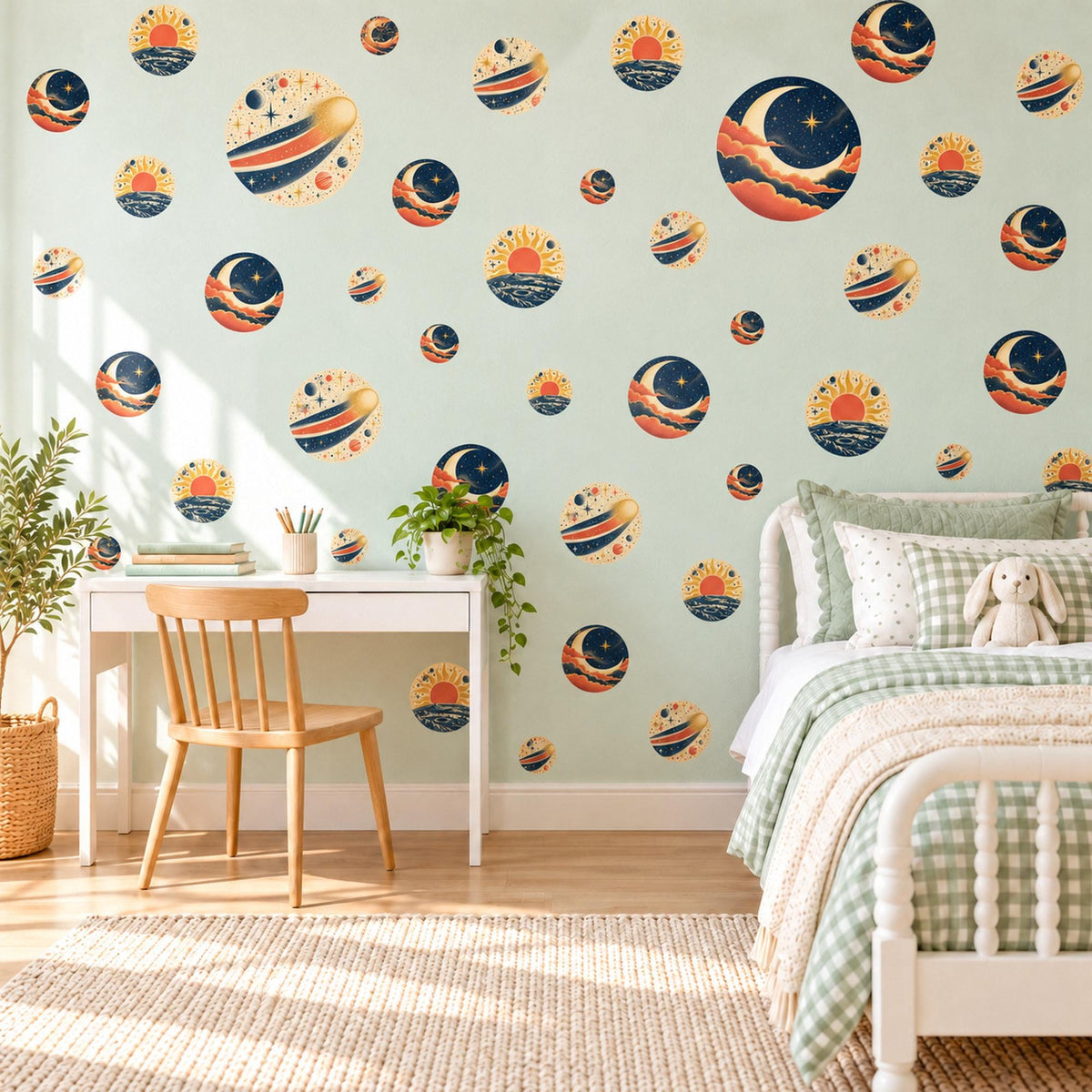 Moon Wall Stickers, Navy Orange Celestial Nursery Decor, Crescent Moon Comet Wall Decals, Space Kids Room Circle Peel and Stick Wall Art