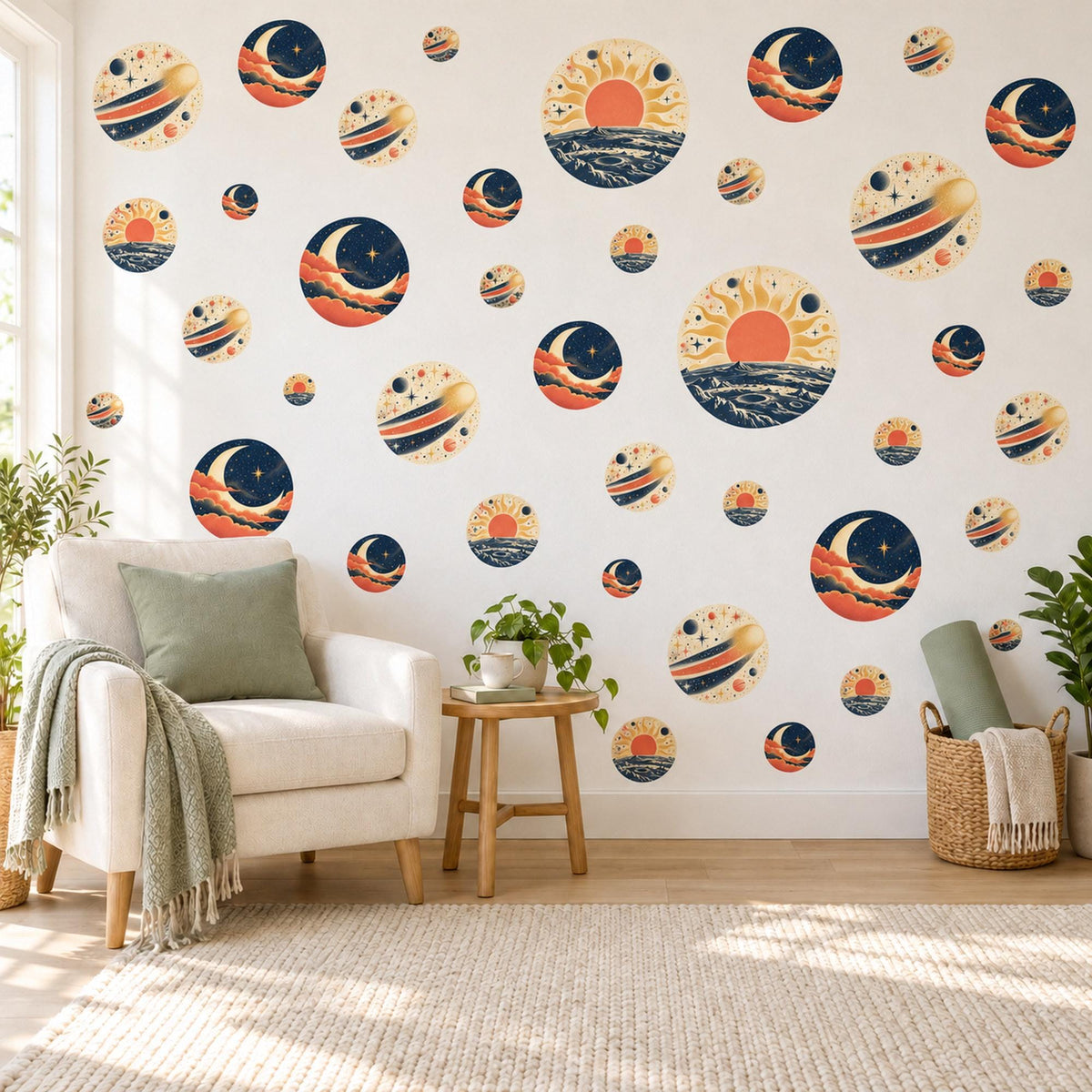 Moon Wall Stickers, Navy Orange Celestial Nursery Decor, Crescent Moon Comet Wall Decals, Space Kids Room Circle Peel and Stick Wall Art