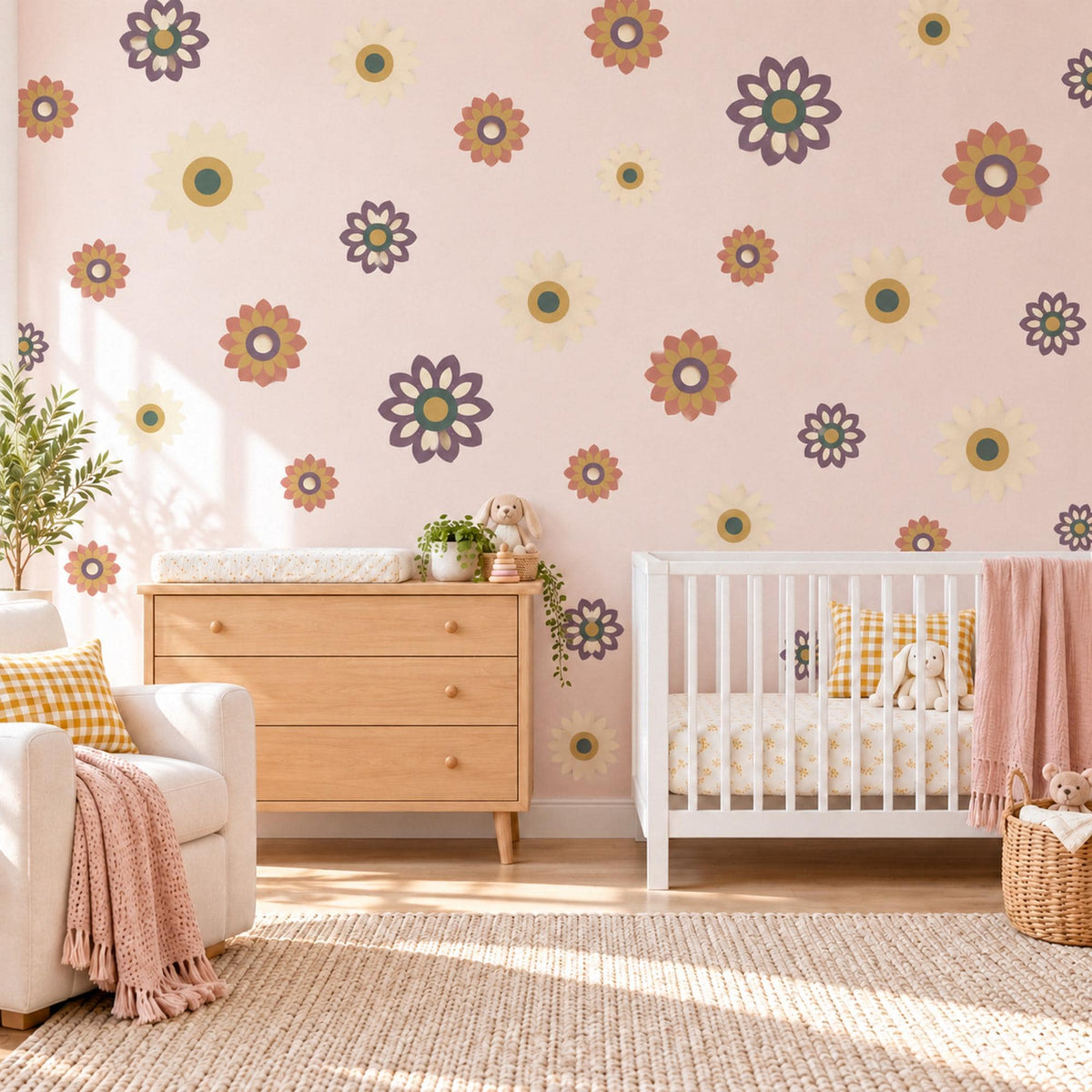 Retro Flower Wall Stickers, Terracotta Mustard Daisy Decor, Boho Sunburst Flower Wall Decals, Girls Nursery Plum Peel and Stick Wall Art