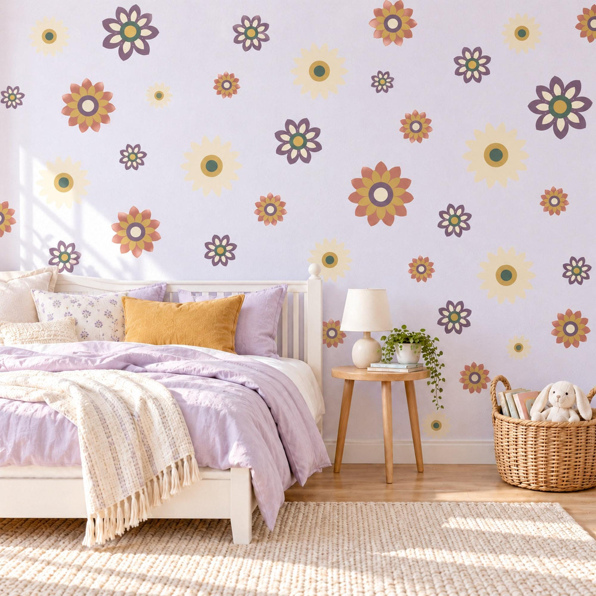 Retro Flower Wall Stickers, Terracotta Mustard Daisy Decor, Boho Sunburst Flower Wall Decals, Girls Nursery Plum Peel and Stick Wall Art