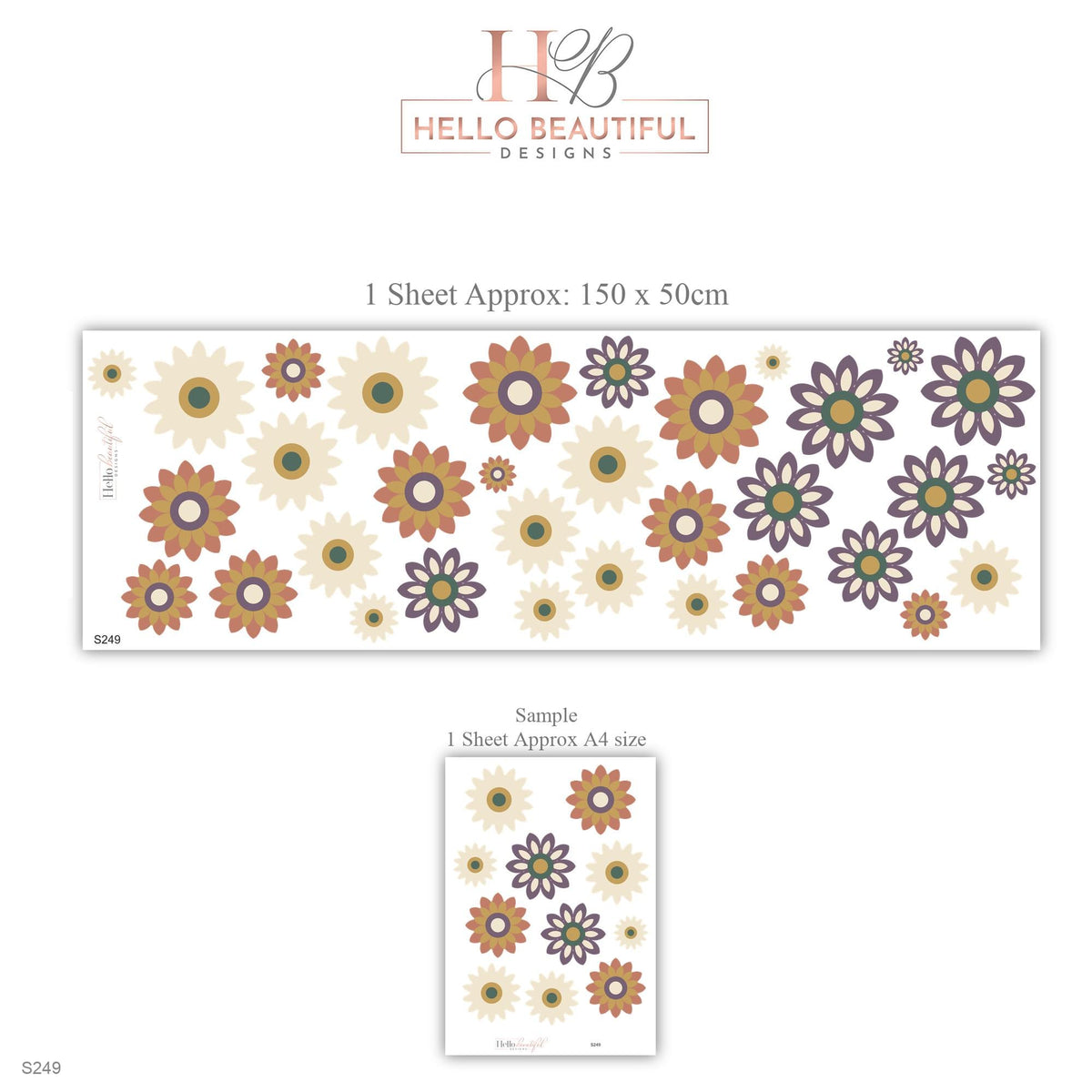 Retro Flower Wall Stickers, Terracotta Mustard Daisy Decor, Boho Sunburst Flower Wall Decals, Girls Nursery Plum Peel and Stick Wall Art