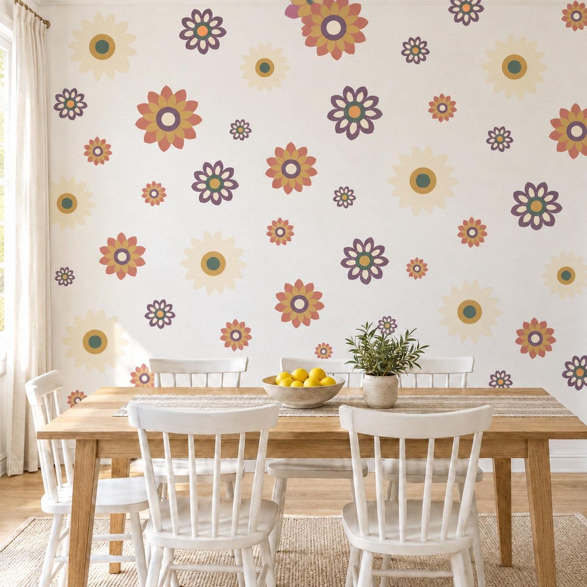 Retro Flower Wall Stickers, Terracotta Mustard Daisy Decor, Boho Sunburst Flower Wall Decals, Girls Nursery Plum Peel and Stick Wall Art