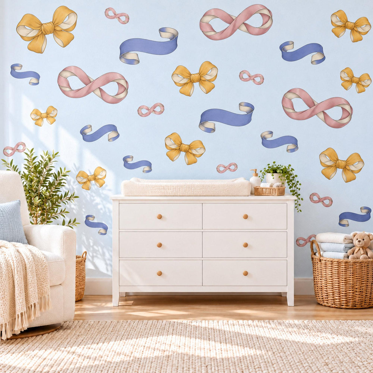 Ribbon Bow Wall Stickers, Periwinkle Pink Mustard Bow Decor, Vintage Ribbon Wall Decals, Girls Nursery Coquette Peel and Stick Wall Art