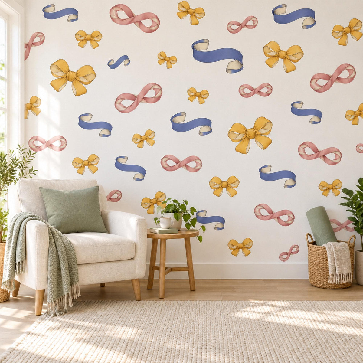 Ribbon Bow Wall Stickers, Periwinkle Pink Mustard Bow Decor, Vintage Ribbon Wall Decals, Girls Nursery Coquette Peel and Stick Wall Art