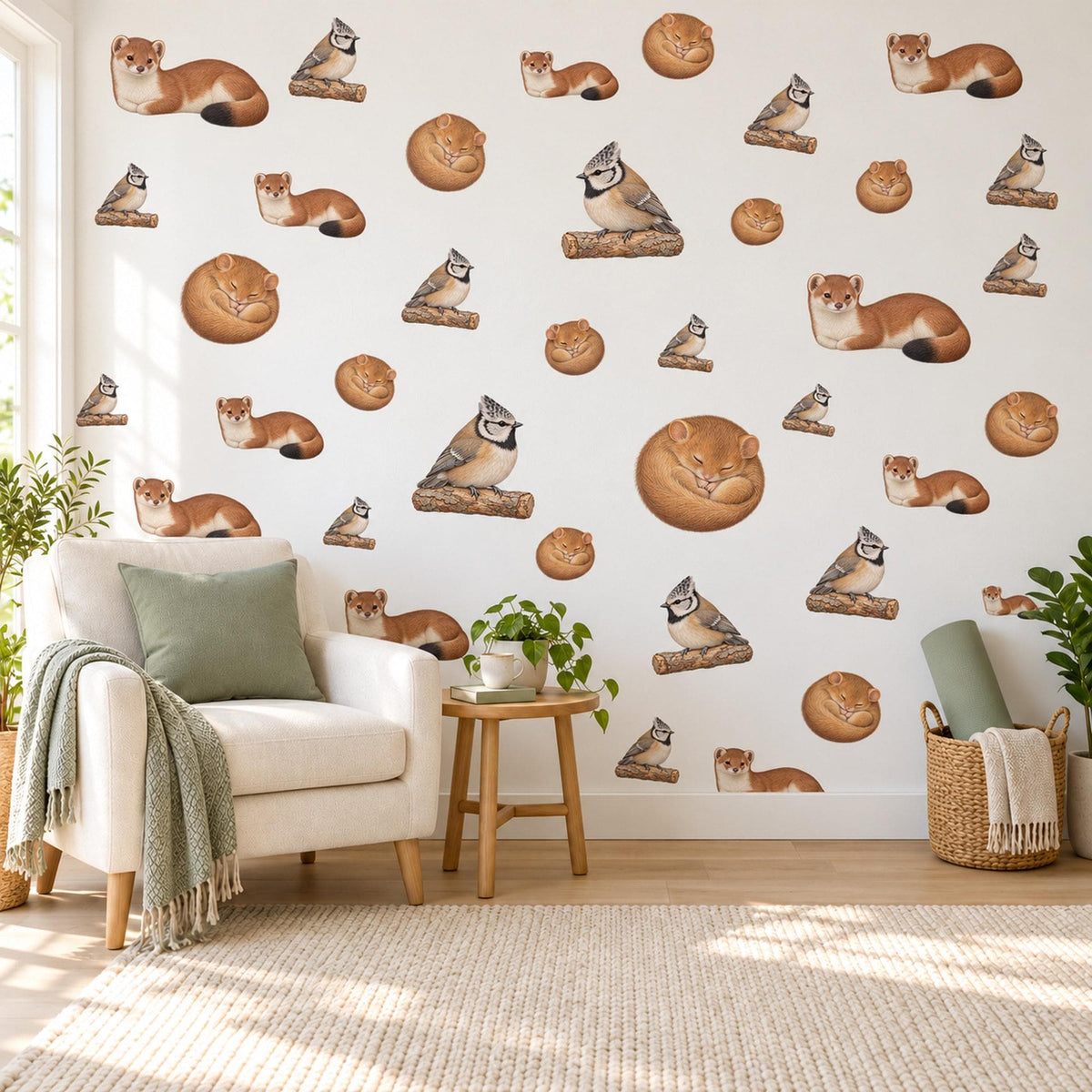 Woodland Animal Wall Stickers, Stoat Dormouse Bird Nursery Decor, Forest Animal Wall Decals, Neutral Kids Room Peel and Stick Wall Art