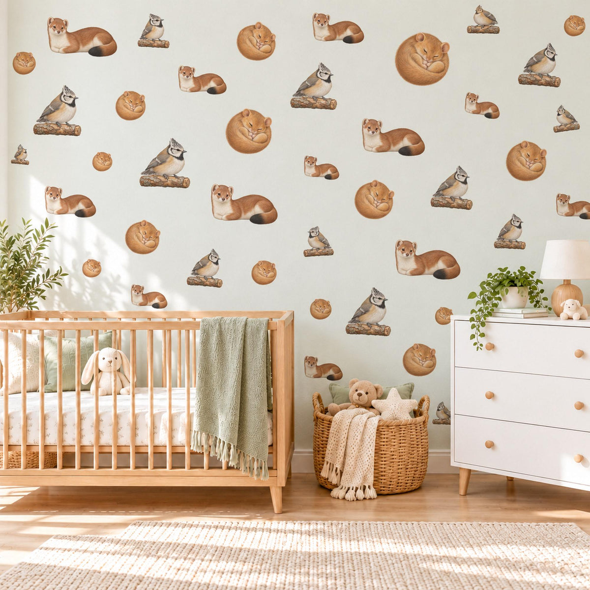 Woodland Animal Wall Stickers, Stoat Dormouse Bird Nursery Decor, Forest Animal Wall Decals, Neutral Kids Room Peel and Stick Wall Art
