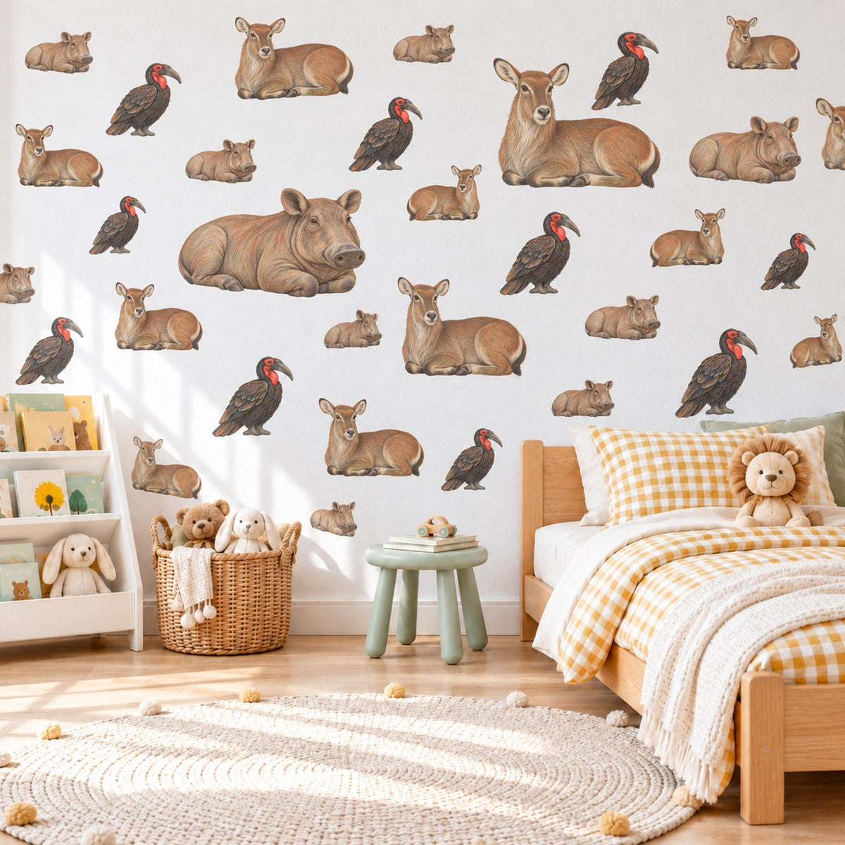 Safari Animal Wall Stickers, Rhino Antelope Hornbill Nursery Decor, African Savanna Wall Decals, Neutral Kids Room Peel and Stick Wall Art