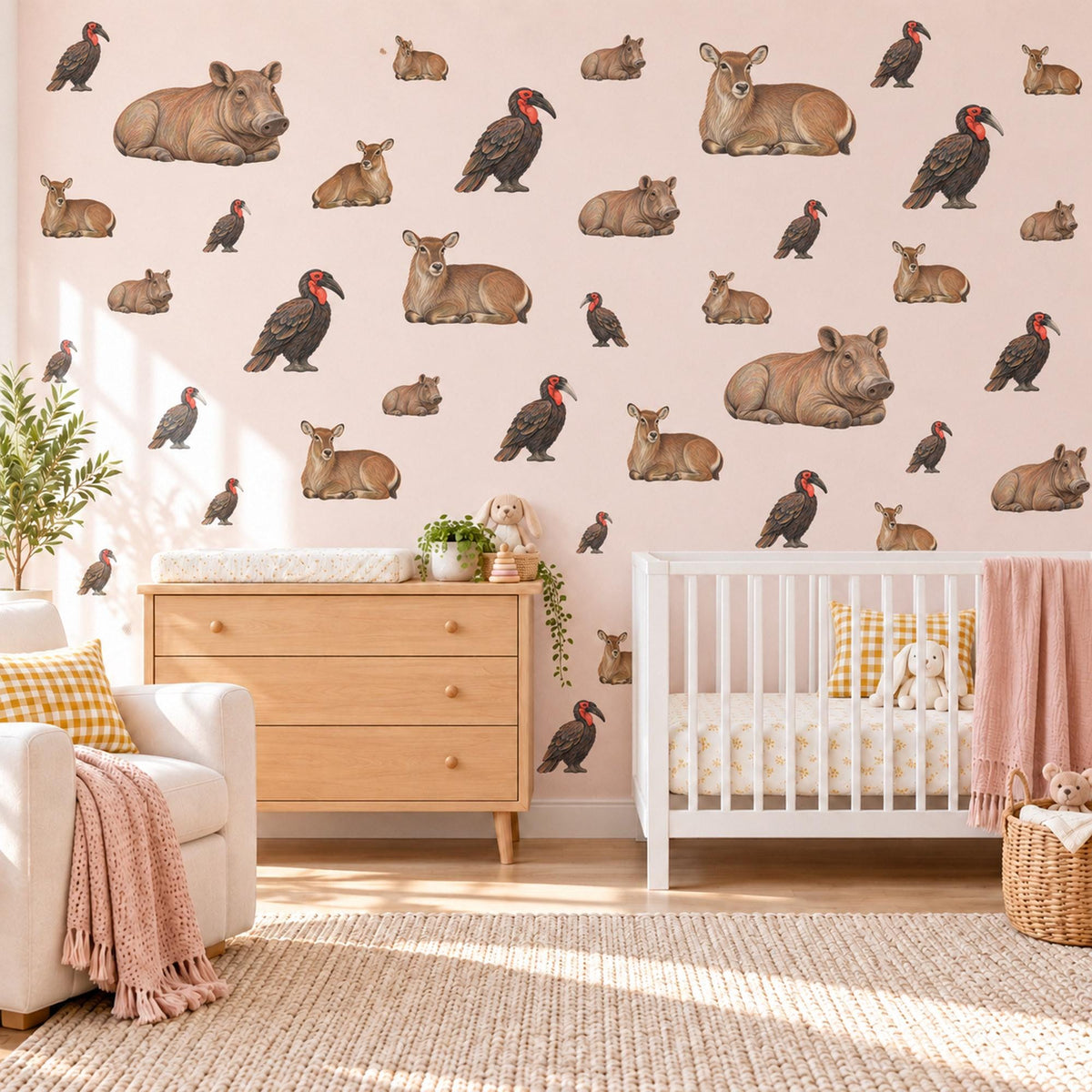 Safari Animal Wall Stickers, Rhino Antelope Hornbill Nursery Decor, African Savanna Wall Decals, Neutral Kids Room Peel and Stick Wall Art