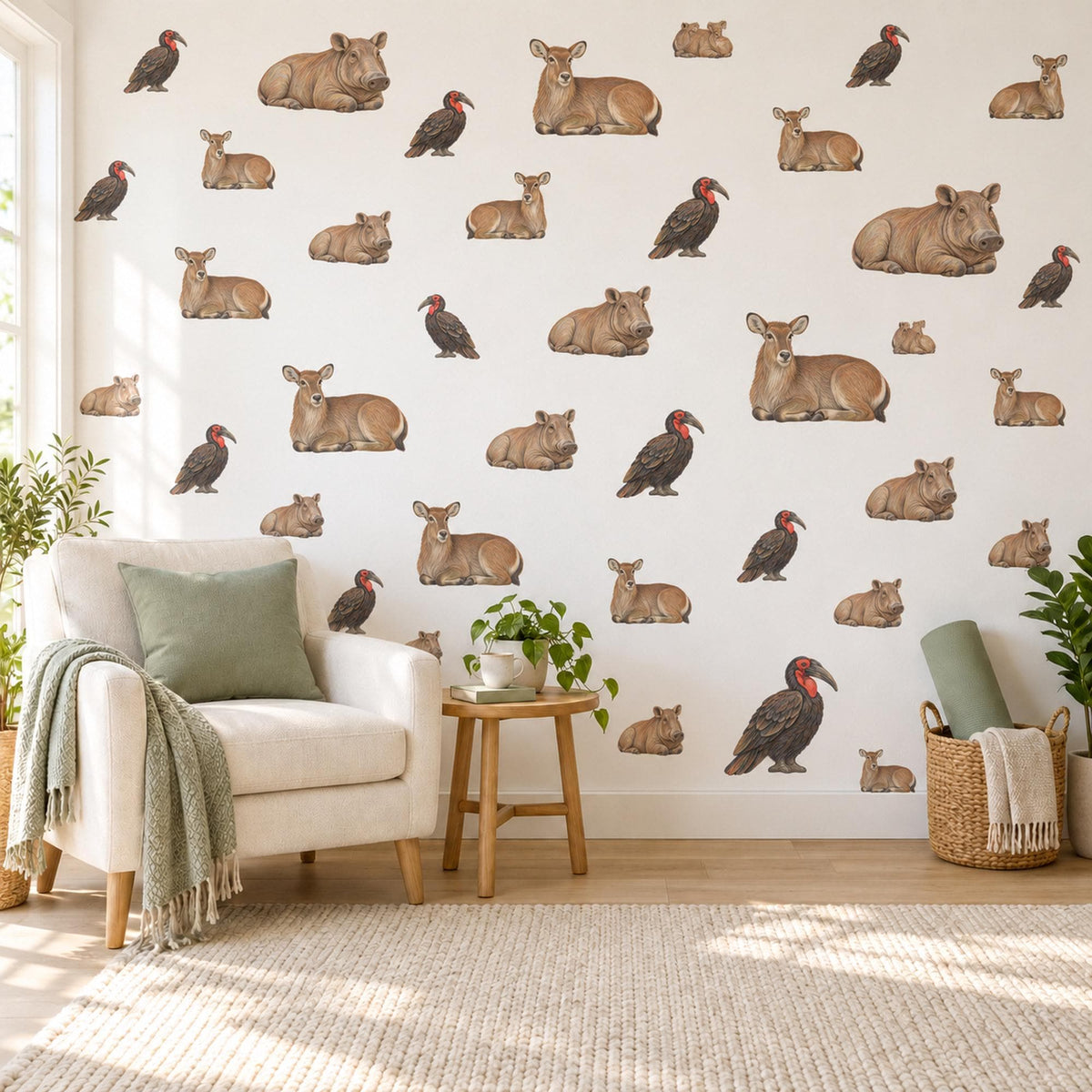 Safari Animal Wall Stickers, Rhino Antelope Hornbill Nursery Decor, African Savanna Wall Decals, Neutral Kids Room Peel and Stick Wall Art