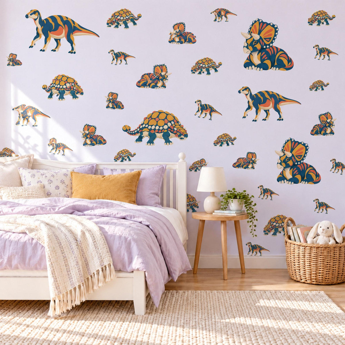 Dinosaur Wall Stickers, Navy Orange Triceratops Decor, Bold Graphic Dino Wall Decals, Boys Kids Room Nursery Peel and Stick Wall Art
