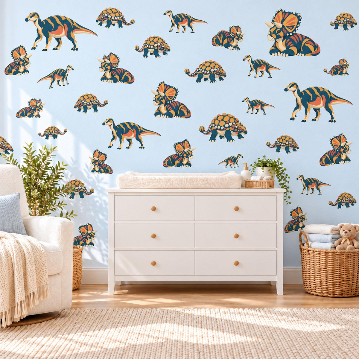 Dinosaur Wall Stickers, Navy Orange Triceratops Decor, Bold Graphic Dino Wall Decals, Boys Kids Room Nursery Peel and Stick Wall Art