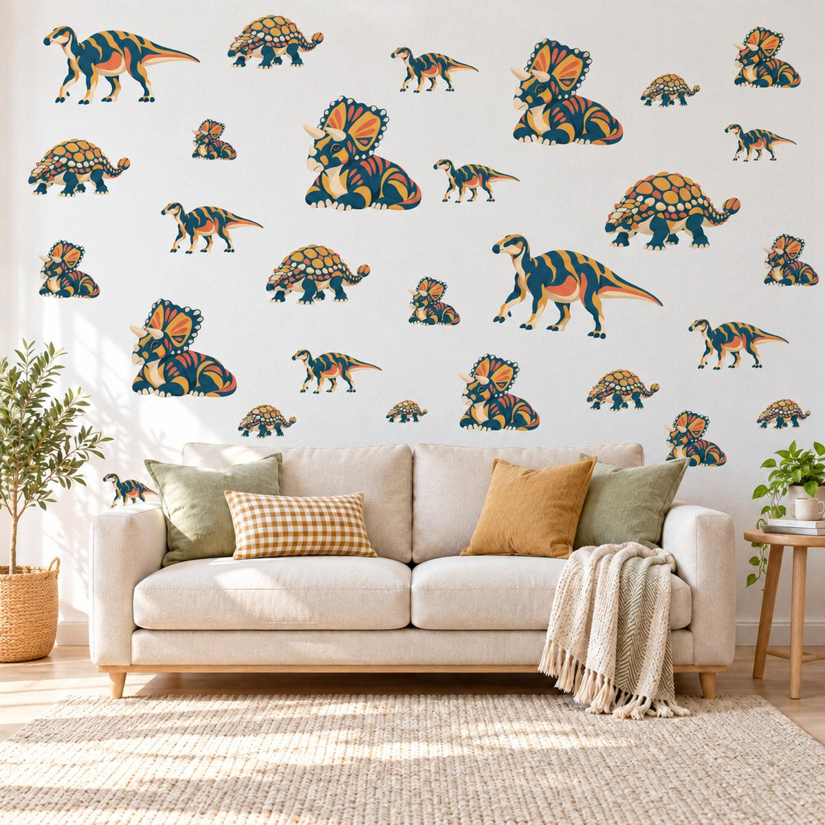 Dinosaur Wall Stickers, Navy Orange Triceratops Decor, Bold Graphic Dino Wall Decals, Boys Kids Room Nursery Peel and Stick Wall Art