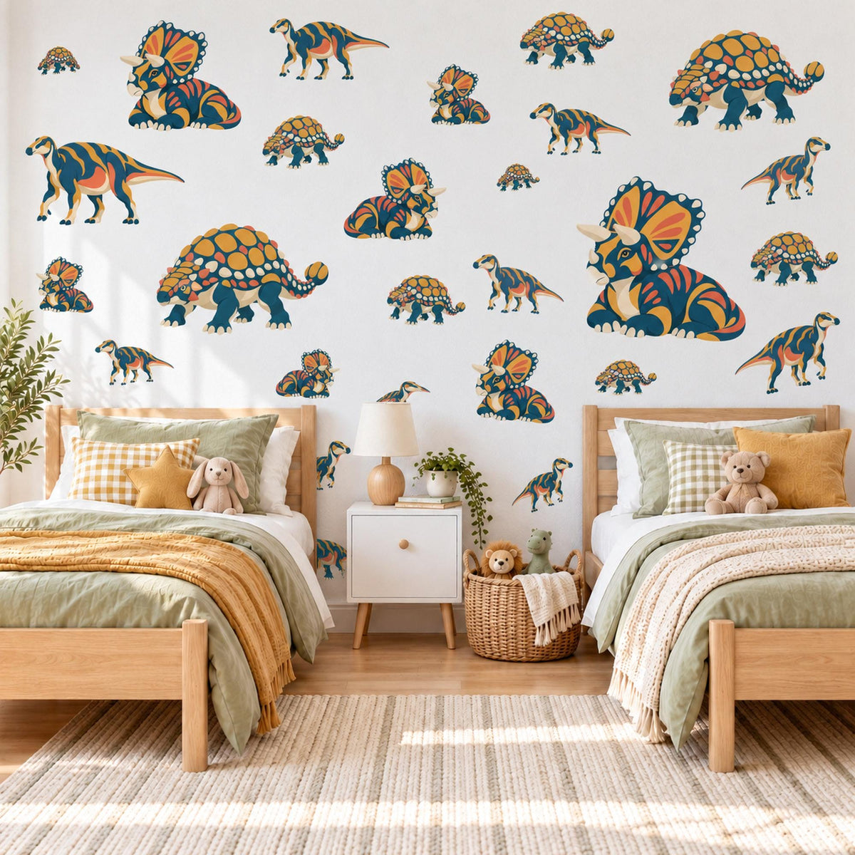 Dinosaur Wall Stickers, Navy Orange Triceratops Decor, Bold Graphic Dino Wall Decals, Boys Kids Room Nursery Peel and Stick Wall Art
