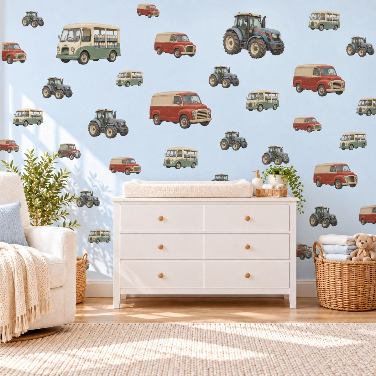 Tractor Wall Stickers, Vintage Van Bus Vehicle Decor, Farm Tractor Wall Decals, Boys Kids Room Nursery Red Green Peel and Stick Wall Art