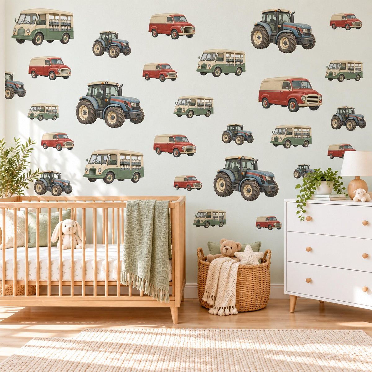 Tractor Wall Stickers, Vintage Van Bus Vehicle Decor, Farm Tractor Wall Decals, Boys Kids Room Nursery Red Green Peel and Stick Wall Art