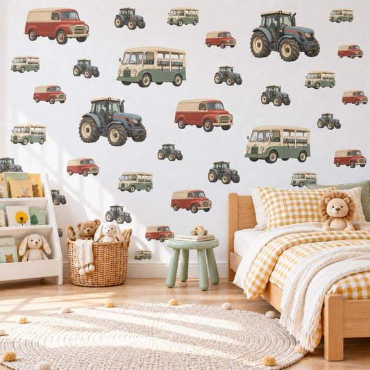 Tractor Wall Stickers, Vintage Van Bus Vehicle Decor, Farm Tractor Wall Decals, Boys Kids Room Nursery Red Green Peel and Stick Wall Art