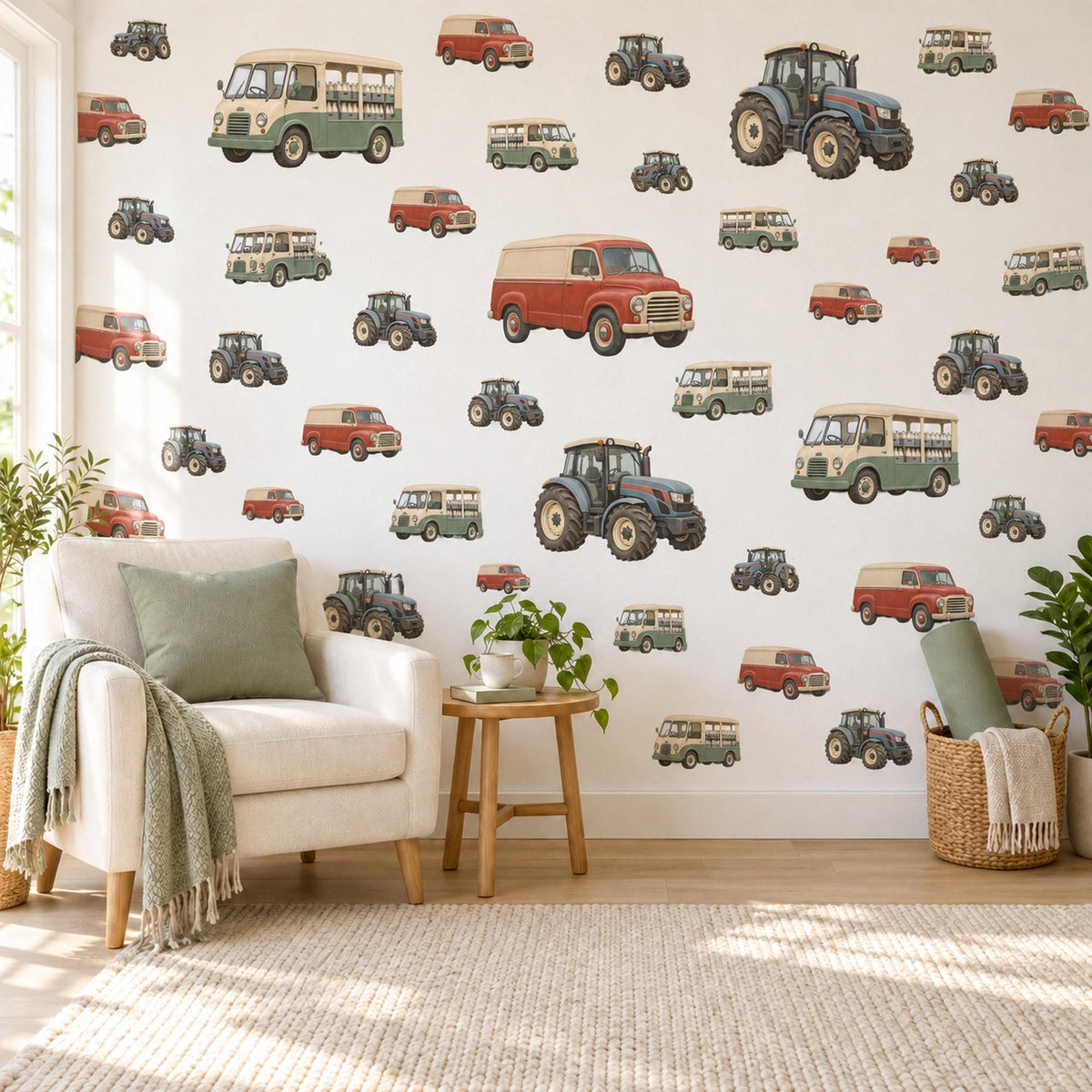 Tractor Wall Stickers, Vintage Van Bus Vehicle Decor, Farm Tractor Wall Decals, Boys Kids Room Nursery Red Green Peel and Stick Wall Art