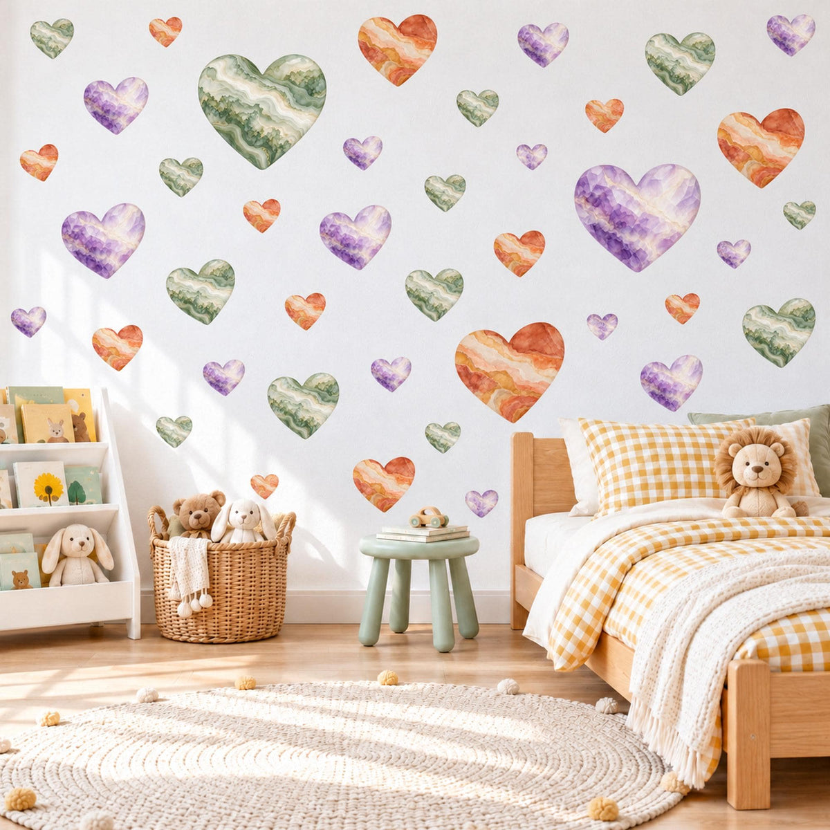 Heart Wall Stickers, Crystal Agate Amethyst Heart Decor, Watercolour Gemstone Wall Decals, Girls Room Green Purple Peel and Stick Wall Art
