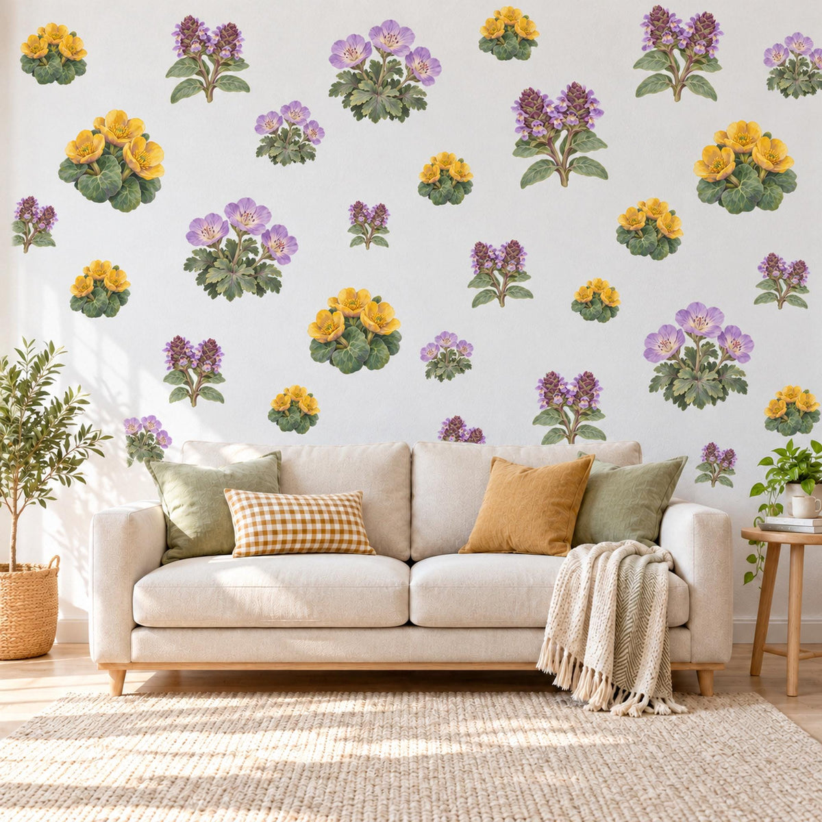 Wildflower Wall Stickers, Yellow Purple Meadow Flower Decor, Marigold Geranium Wall Decals, Nursery Kitchen Peel and Stick Wall Art