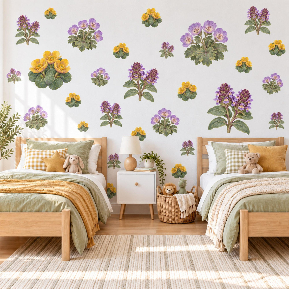 Wildflower Wall Stickers, Yellow Purple Meadow Flower Decor, Marigold Geranium Wall Decals, Nursery Kitchen Peel and Stick Wall Art
