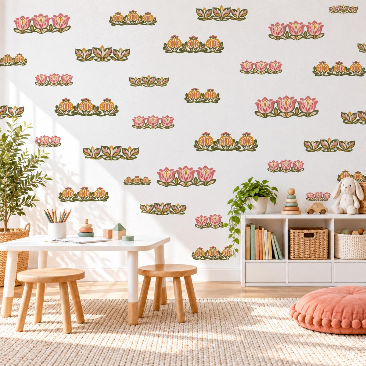 Floral Border Wall Stickers, Pink Tulip Folk Flower Decor, Scandi Floral Garland Wall Decals, Girls Nursery Boho Peel and Stick Wall Art