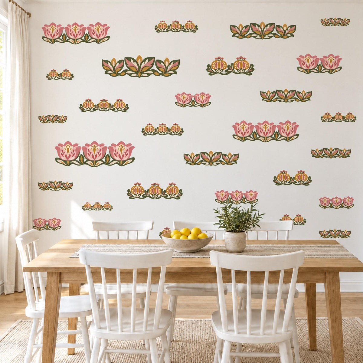 Floral Border Wall Stickers, Pink Tulip Folk Flower Decor, Scandi Floral Garland Wall Decals, Girls Nursery Boho Peel and Stick Wall Art